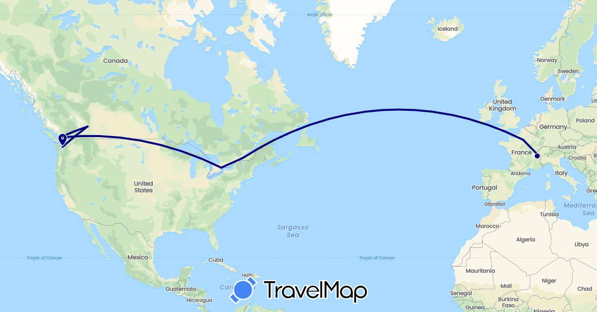 TravelMap itinerary: driving in Canada, Switzerland, France, United States (Europe, North America)